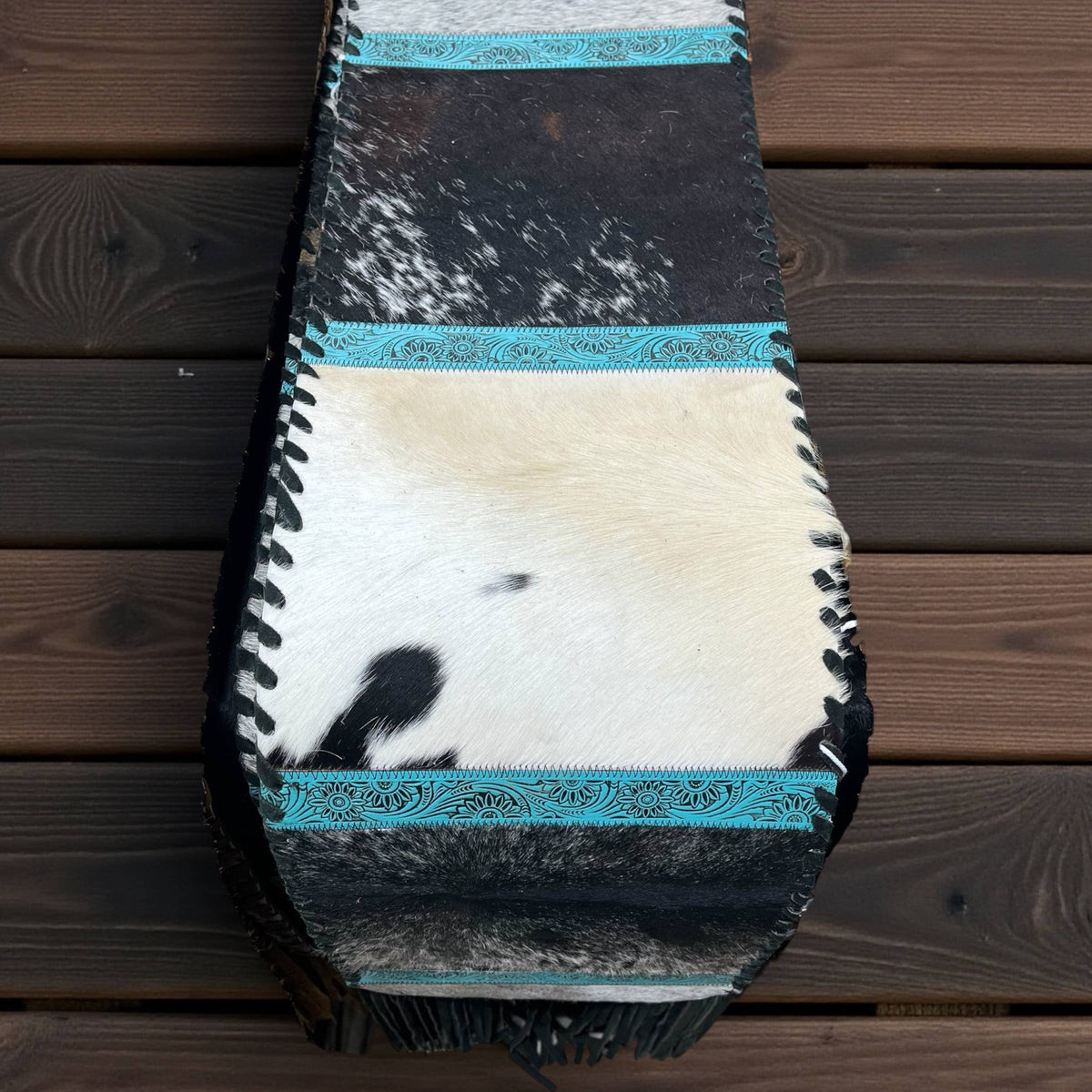 6ft turquoise tooled leather & cowhide fringe table runner