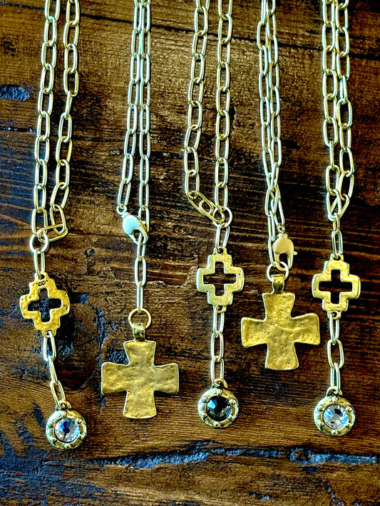 Chunky Gold Cross and Swarovski Crystal Necklaces