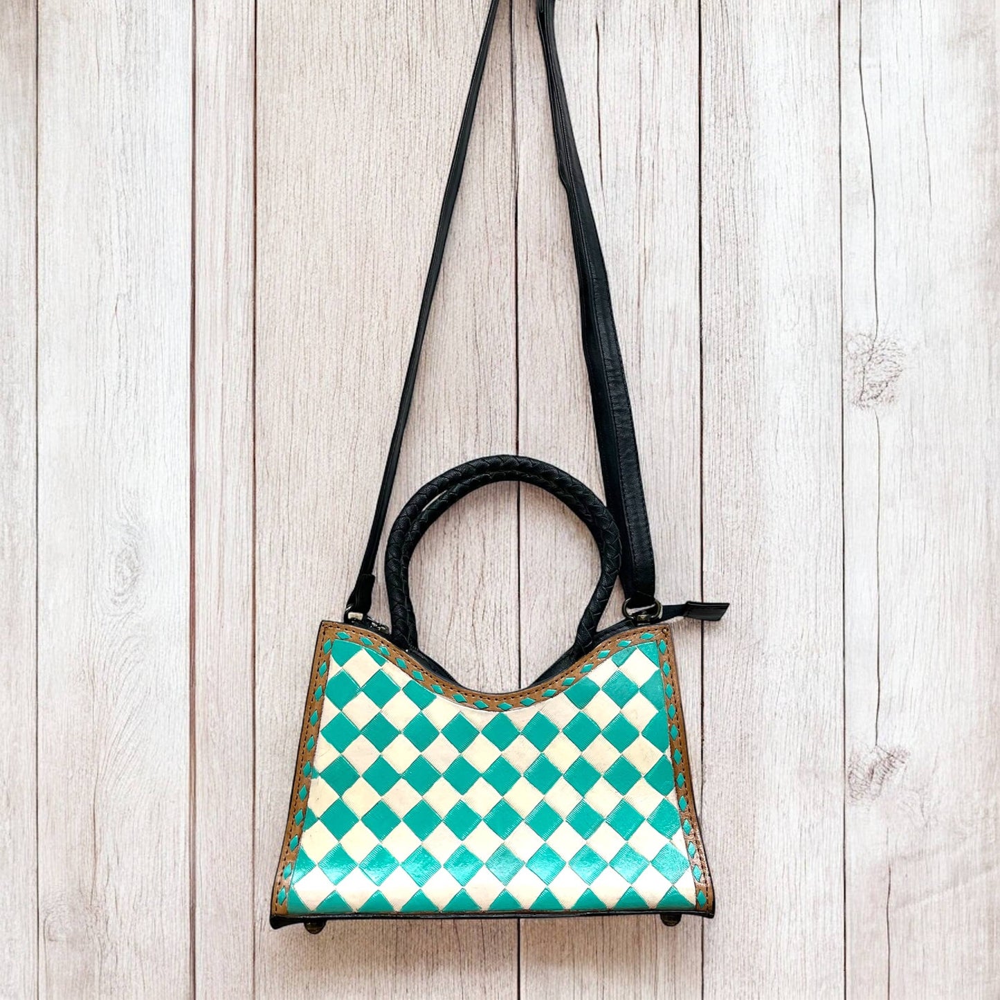 Turquoise checker tooled leather crossbody bag