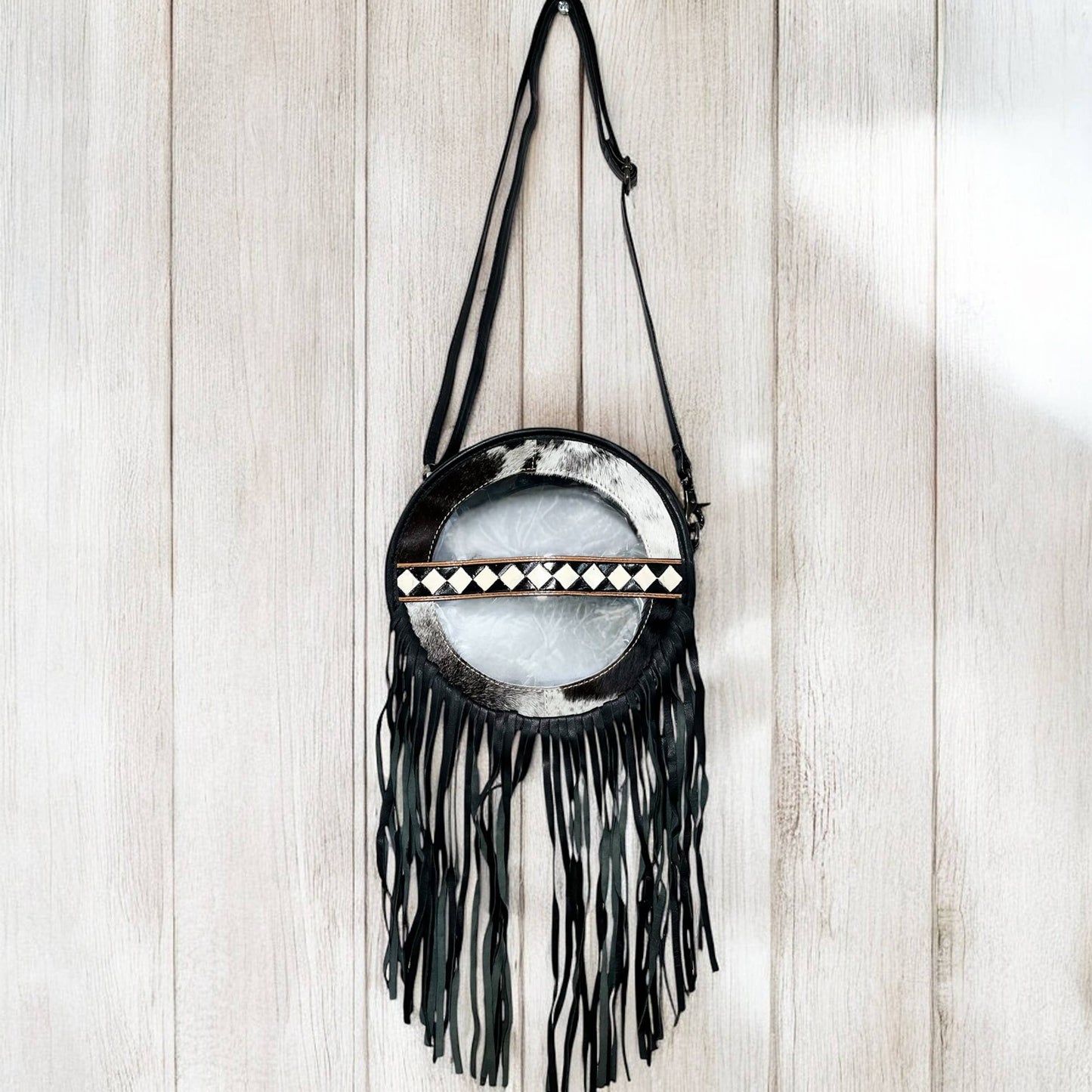 Checker tooled & cowhide clear bag