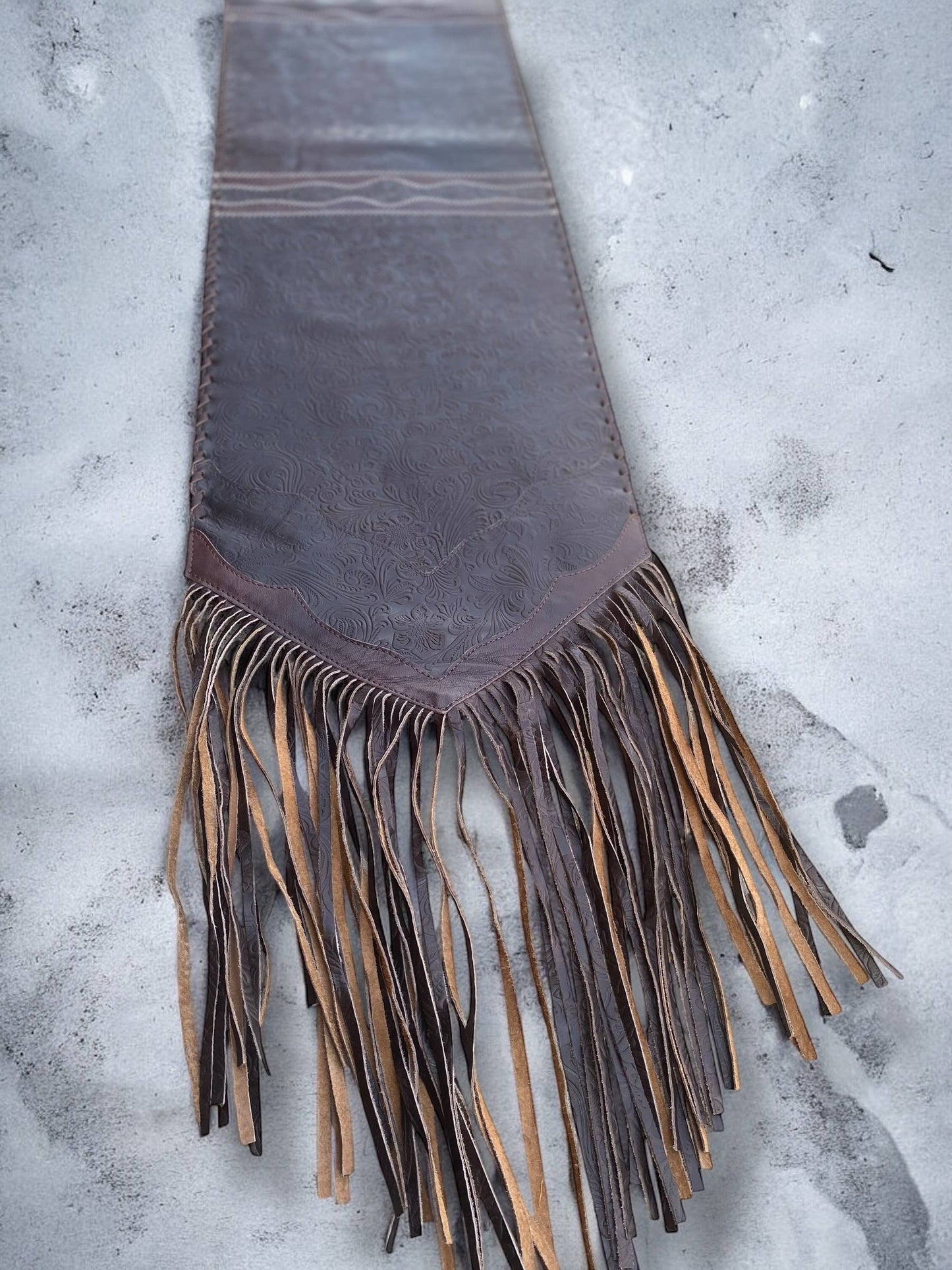 6ft Brown Tooled Fringe Table Runner