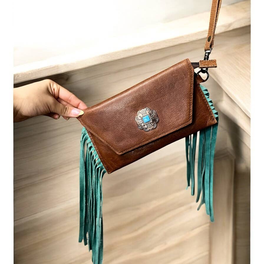 Turquoise leather wristlet