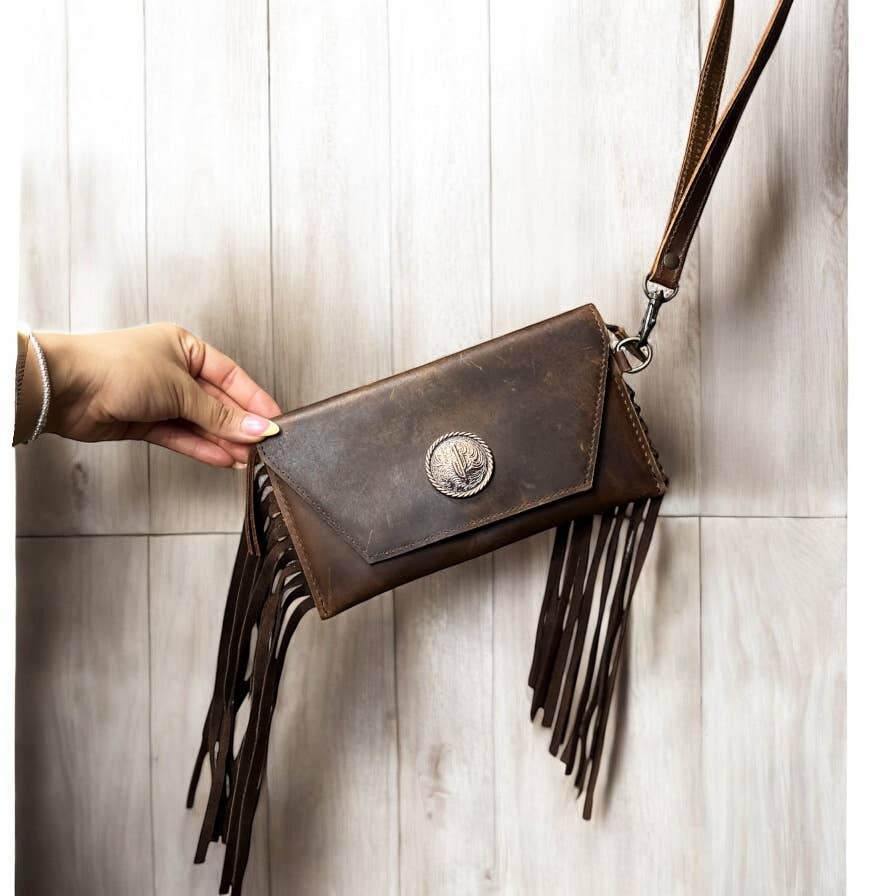Brown leather wristlet