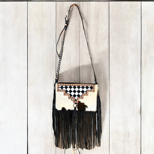 Checker tooled leather & cowhide fringe crossbody bag