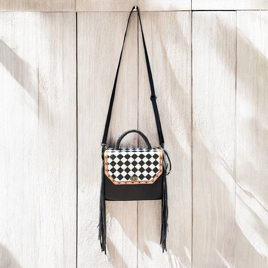 Checker tooled leather crossbody bag