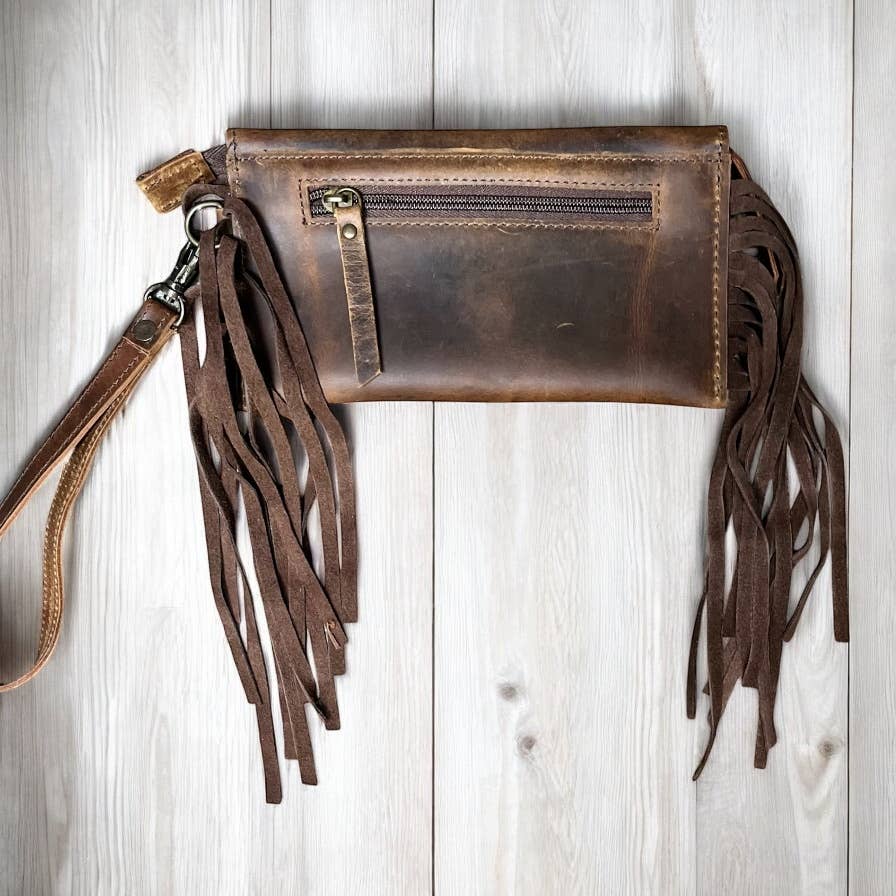 Brown leather wristlet