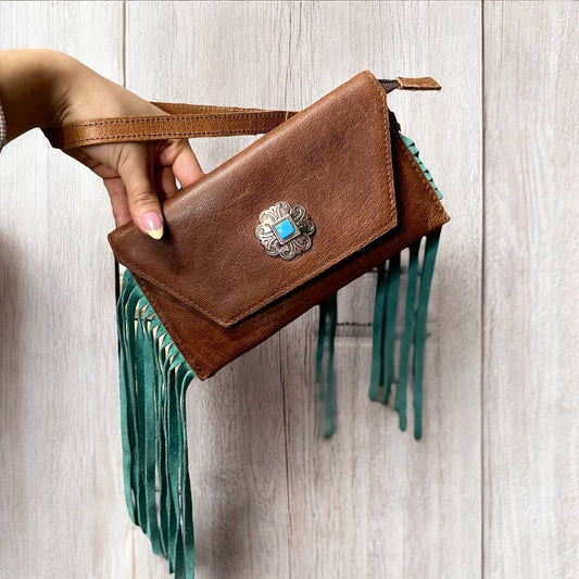 Turquoise leather wristlet