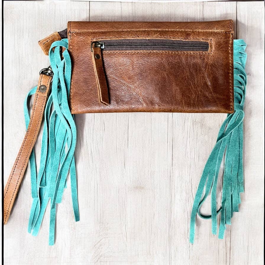 Turquoise leather wristlet