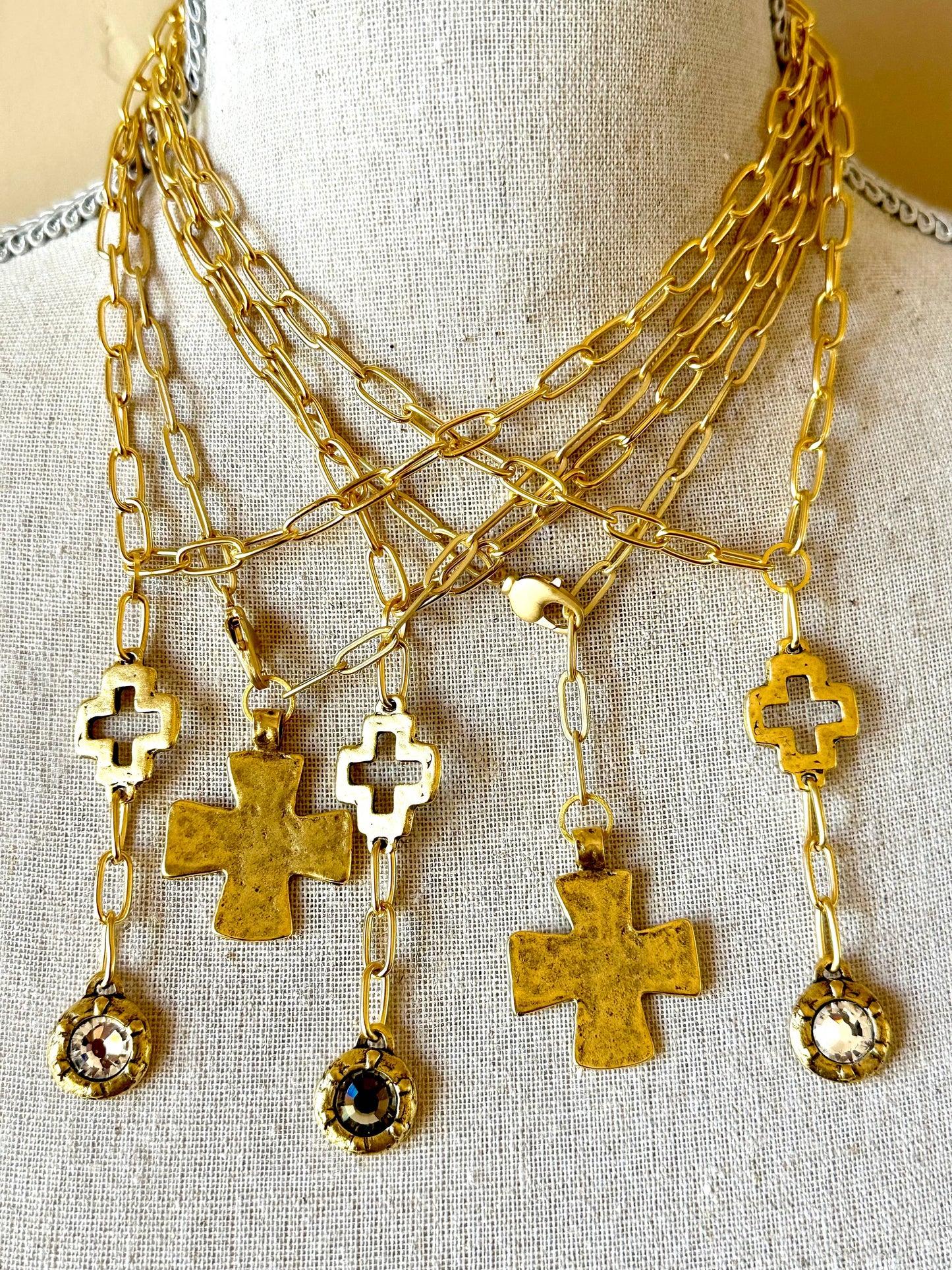 Chunky Gold Cross and Swarovski Crystal Necklaces