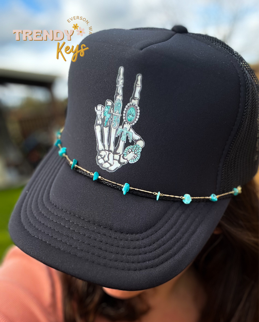 Turquoise Skelly Hand Peace Sign Graphic Trucker Hat