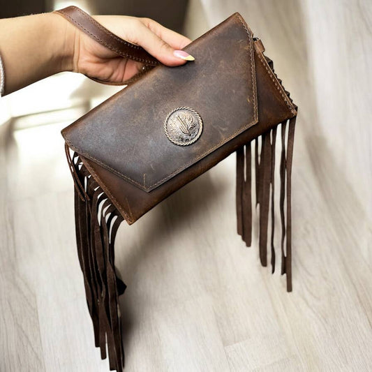 Brown leather wristlet