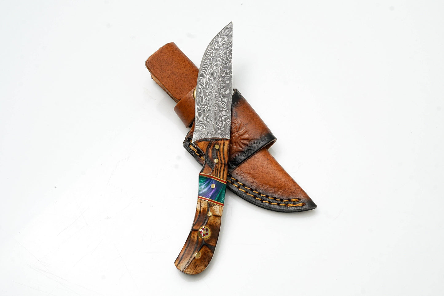 Hand-Forged Damascus Skinner | Torched Wood & Resin Hybrid Handle | Custom Field Knife TK-476