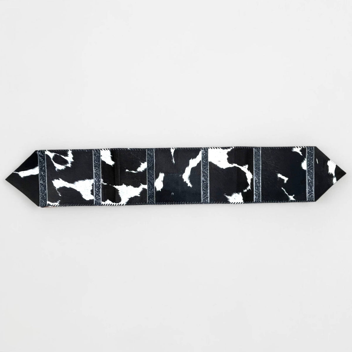 6ft black tooled leather & cowhide table runner 