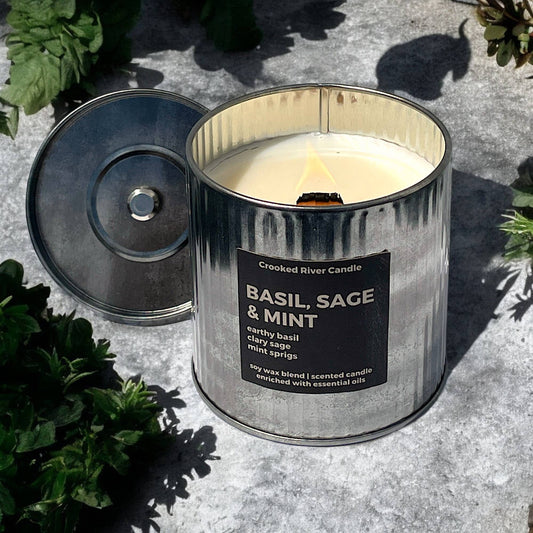 Basil Sage & Mint Candle | Rustic Tin | Wood Wick