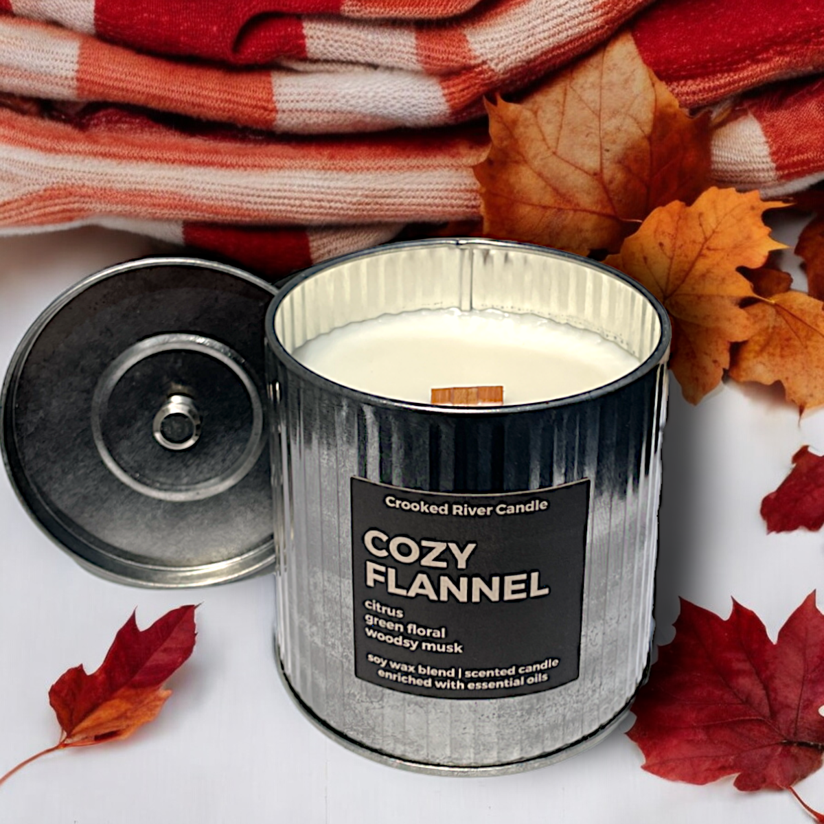 Cozy Flannel Candle | Rustic Tin | Wood Wick | Seasonal