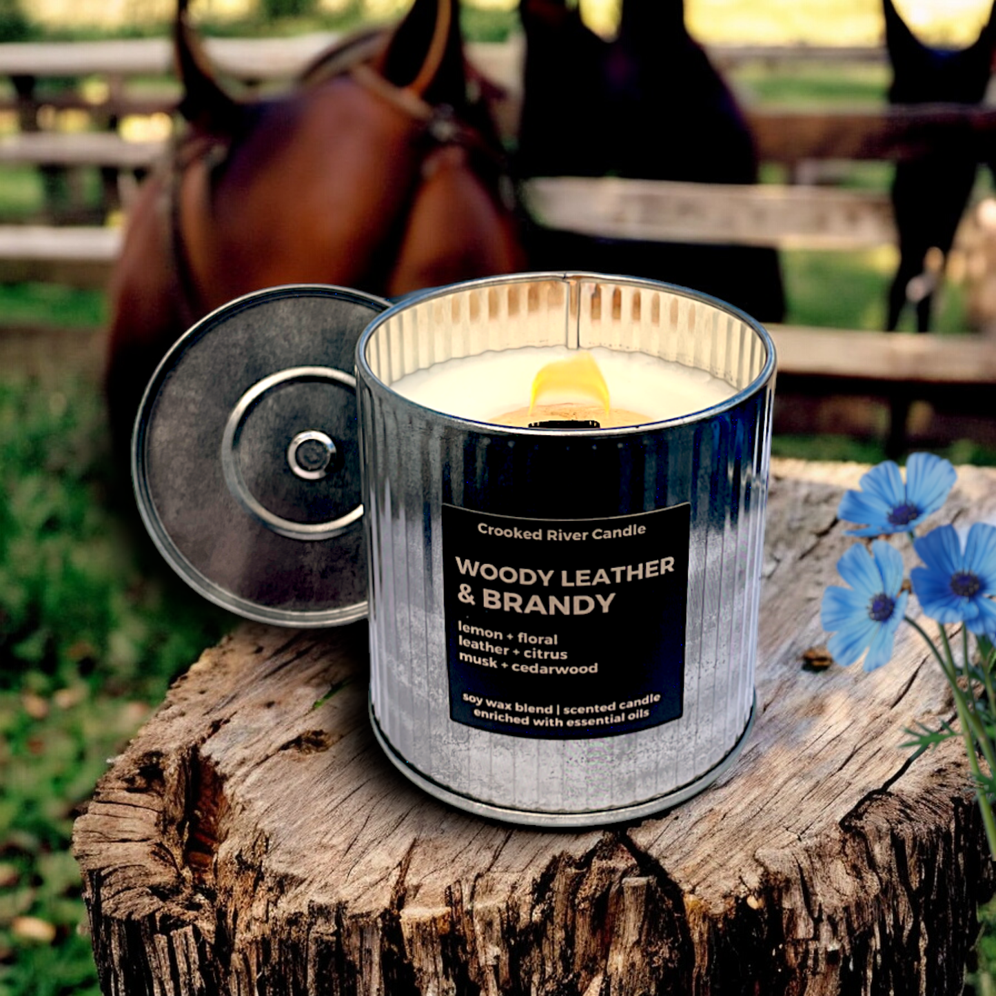 Woody Leather & Brandy Candle | Rustic Tin | Wood Wick