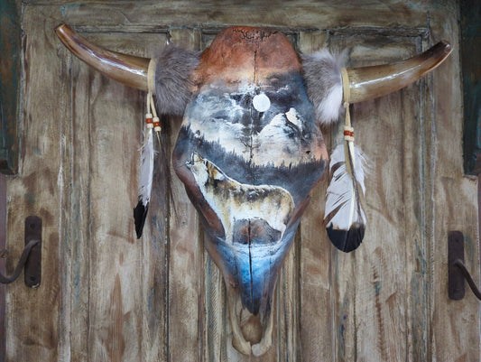 "Howling Wolf" Painted Cow Skull