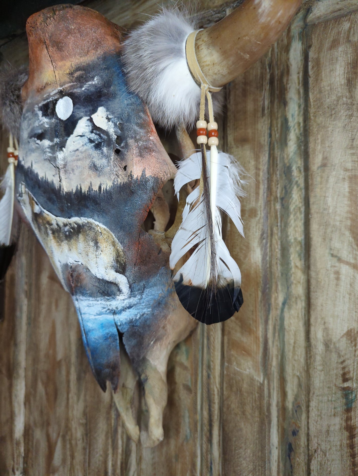 "Howling Wolf" Painted Cow Skull