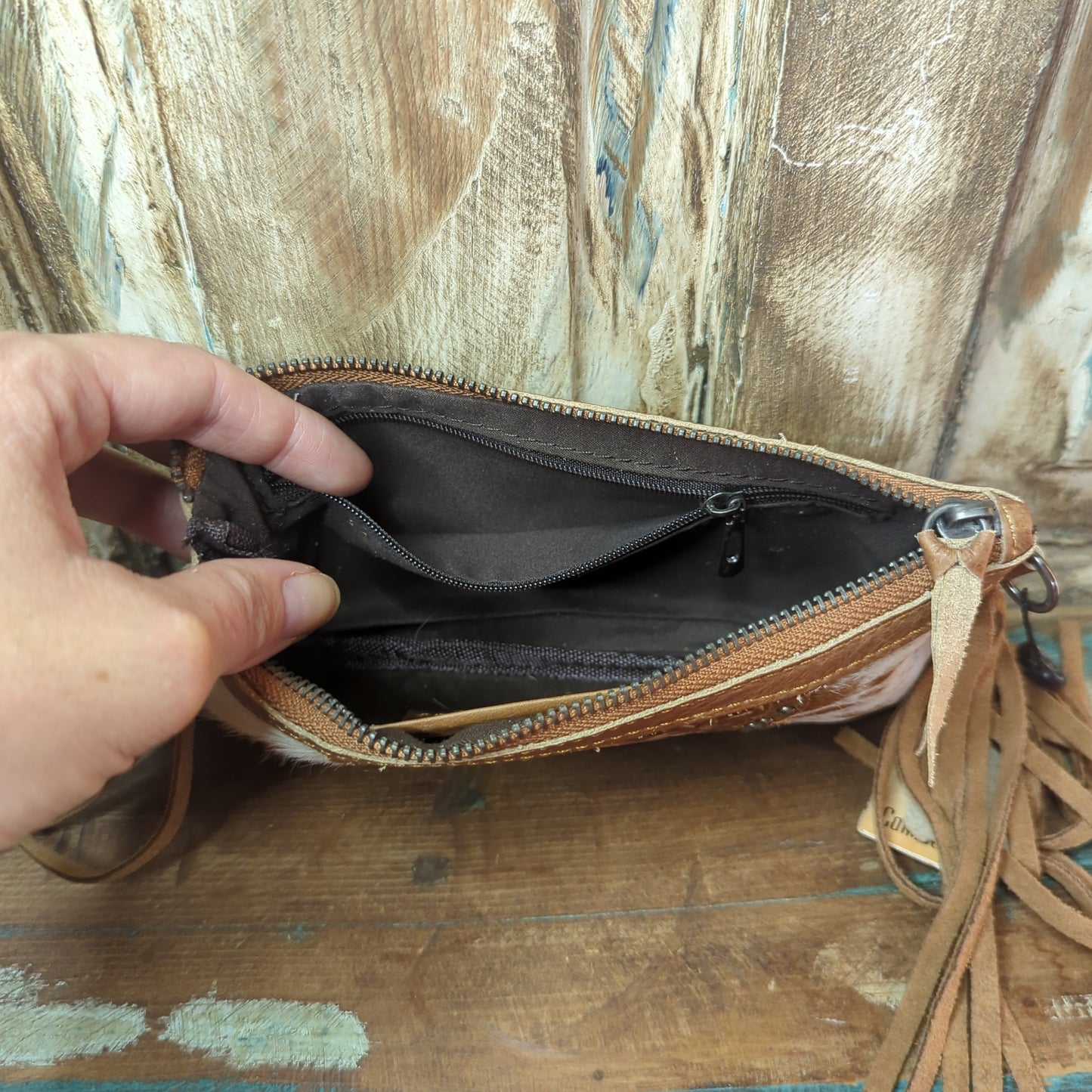 Cowhide Fringe Wallet w/tooled leather