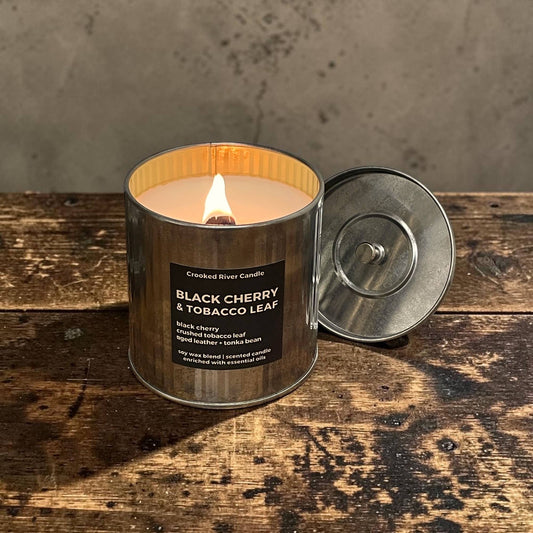 Black Cherry & Tobacco Leaf Candle | Rustic Tin | Wood Wick