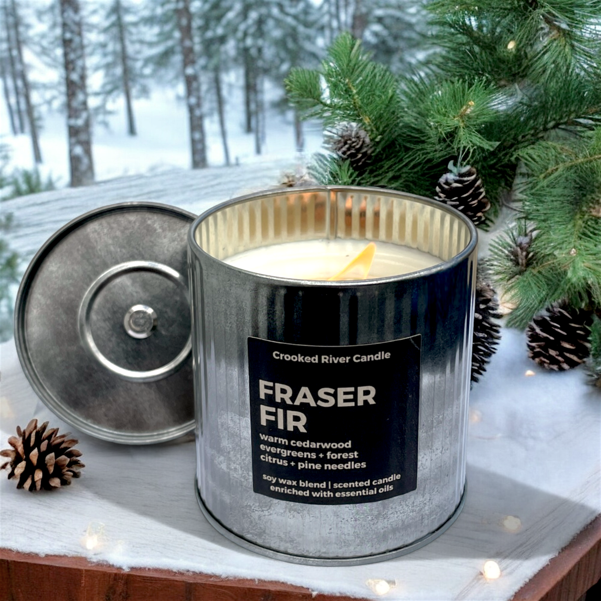 Fraser Fir | Holiday Candle | Rustic Tin with Lid-Wood Wick 