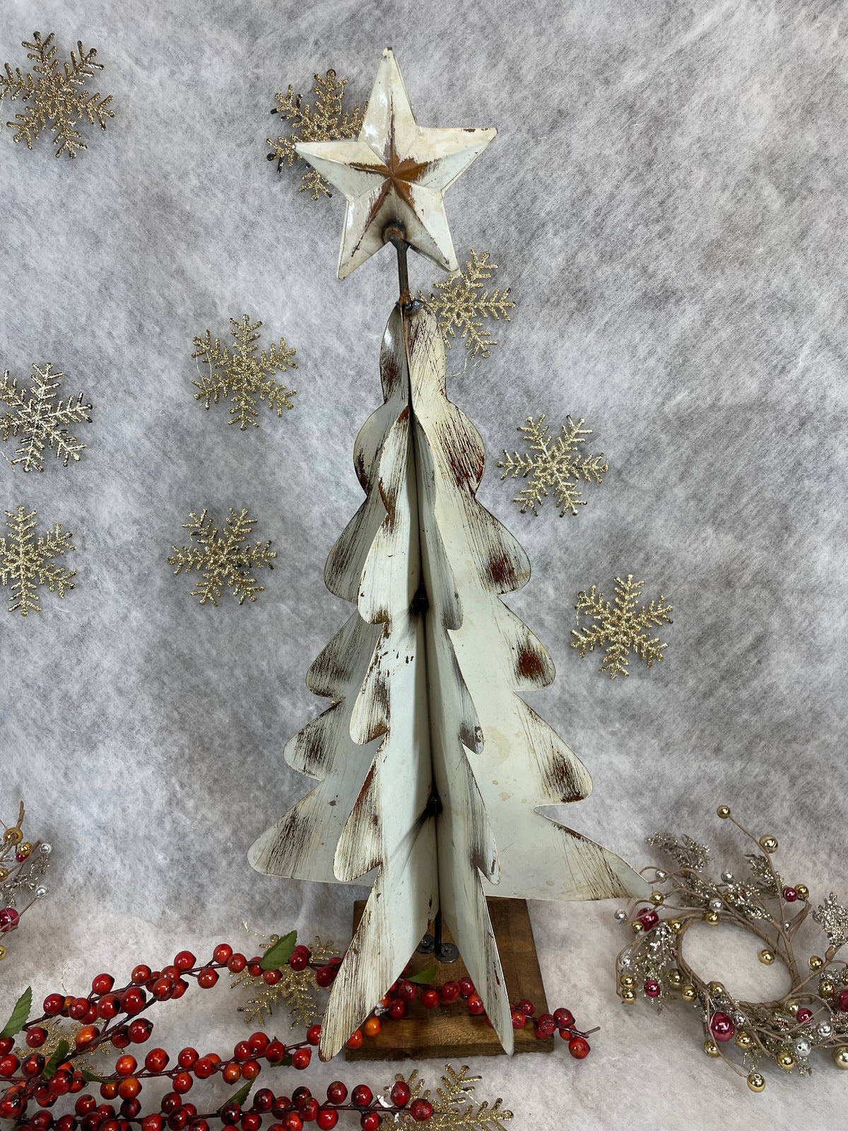 Farmhouse-Metal Christmas Tree-Distressed White-Wood Base