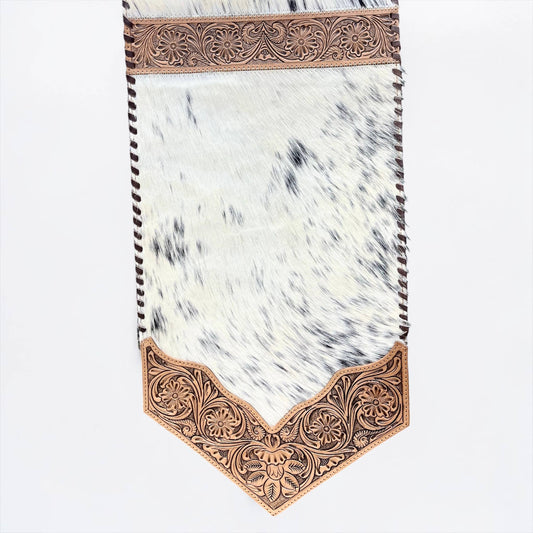 6ft tan tooled leather & cowhide table runner 