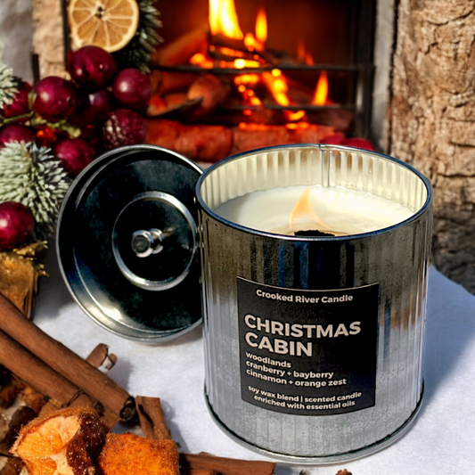 Christmas Cabin-Holiday Candle-Rustic Tin with Lid-Wood Wick
