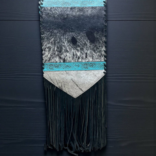 6ft turquoise tooled leather & cowhide fringe table runner 