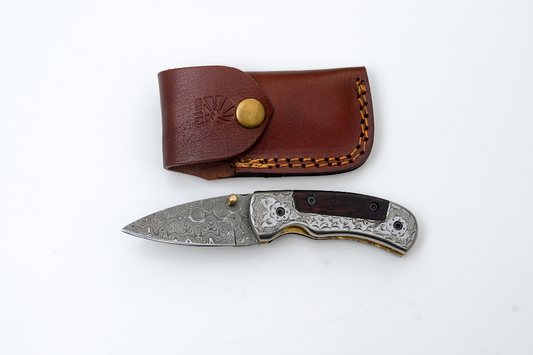 Hand-Forged Damascus Folding Knife | Engraved Bolster, Dark Wood Handle & Intricate Spine File Work
