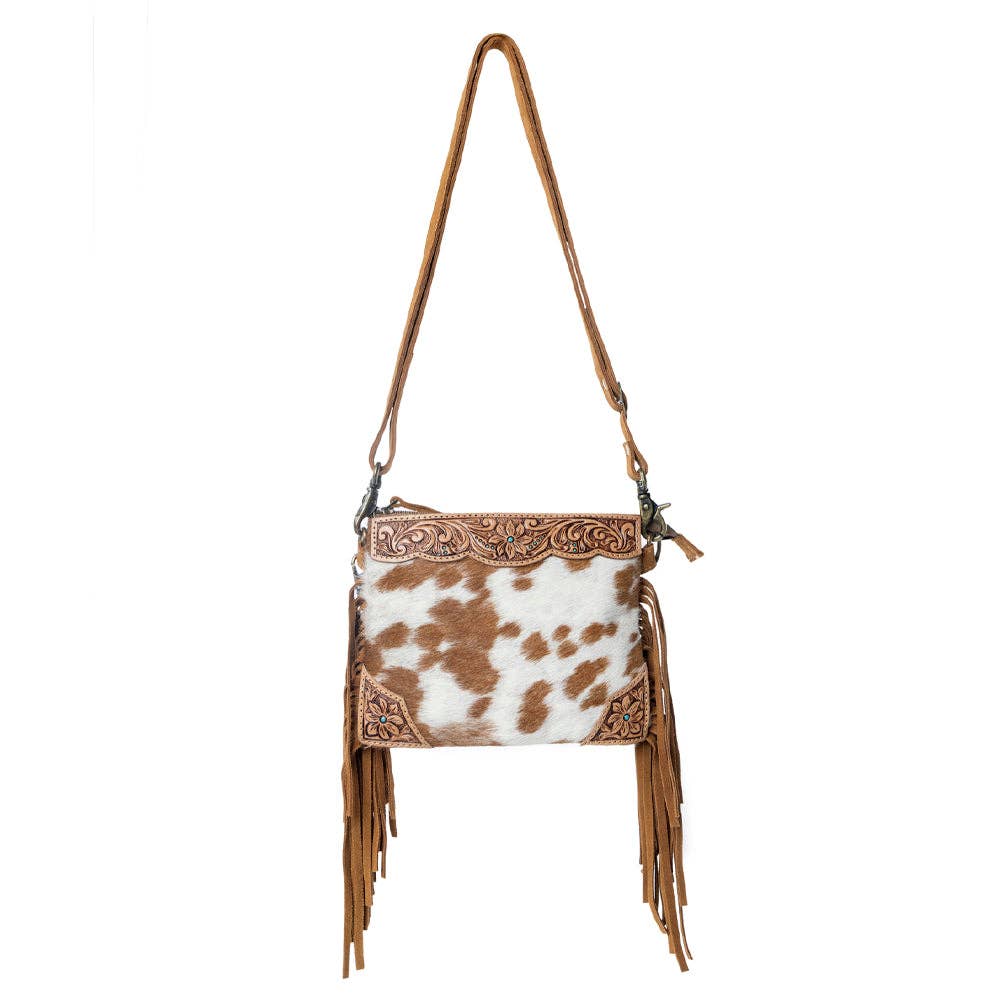 Bourbon Trail Handtooled Bag for Women in brown with hairon and fringe detail