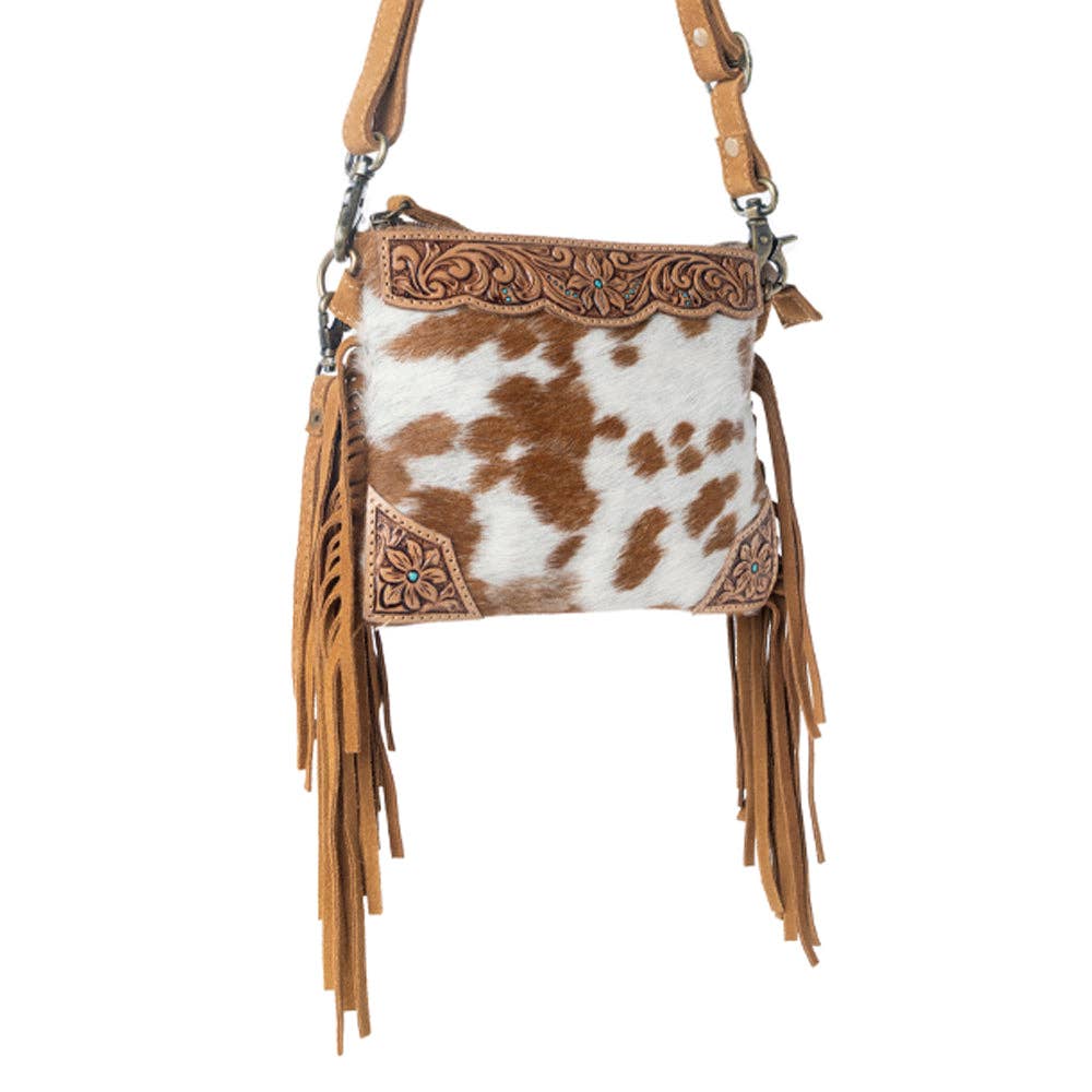 Bourbon Trail Handtooled Bag for Women in brown with hairon and fringe detail