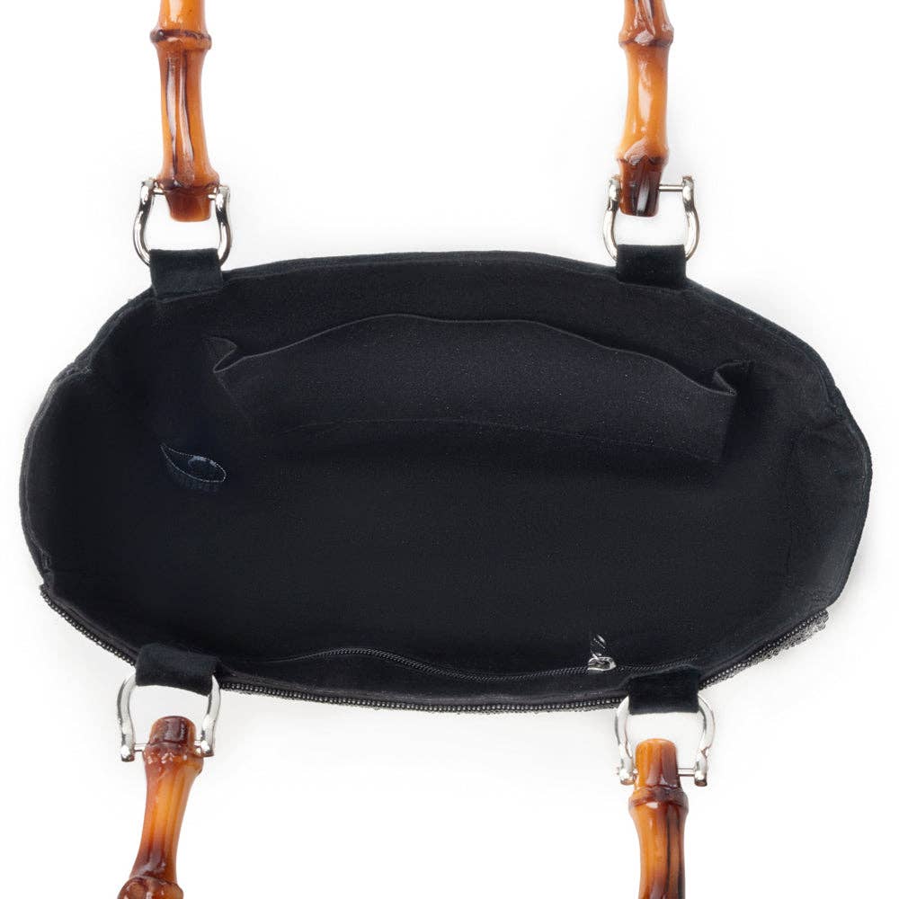 Eight Seconds Western hand beaded bag in black with bamboo handle and horse embroidery