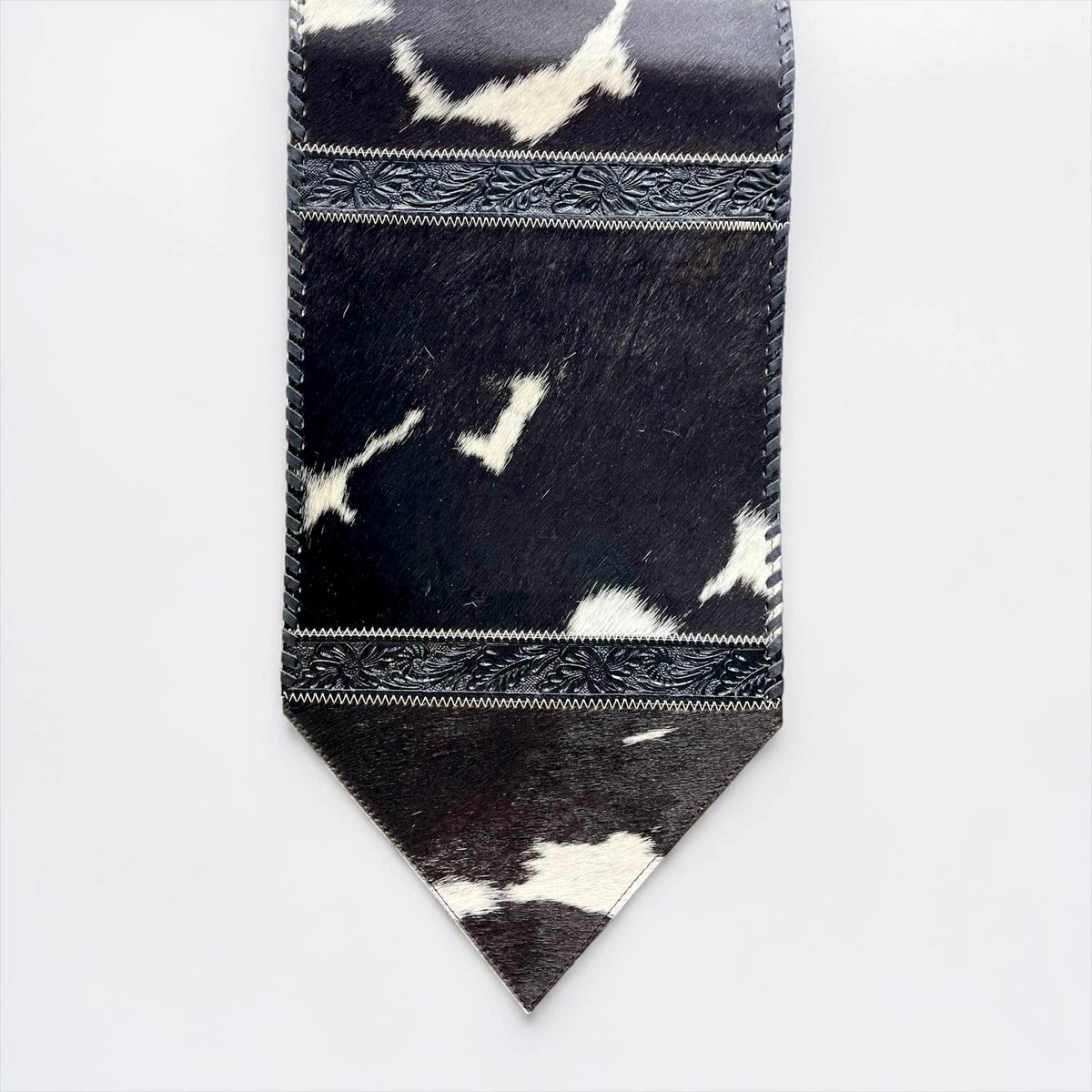 6ft black tooled leather & cowhide table runner 