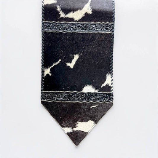 6ft black tooled leather & cowhide table runner 
