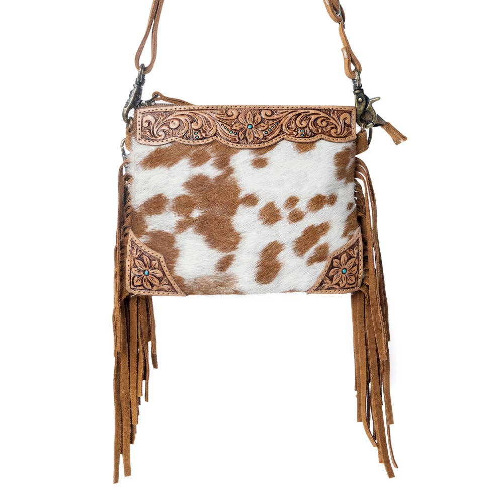 Bourbon Trail Handtooled Bag for Women in brown with hairon and fringe detail