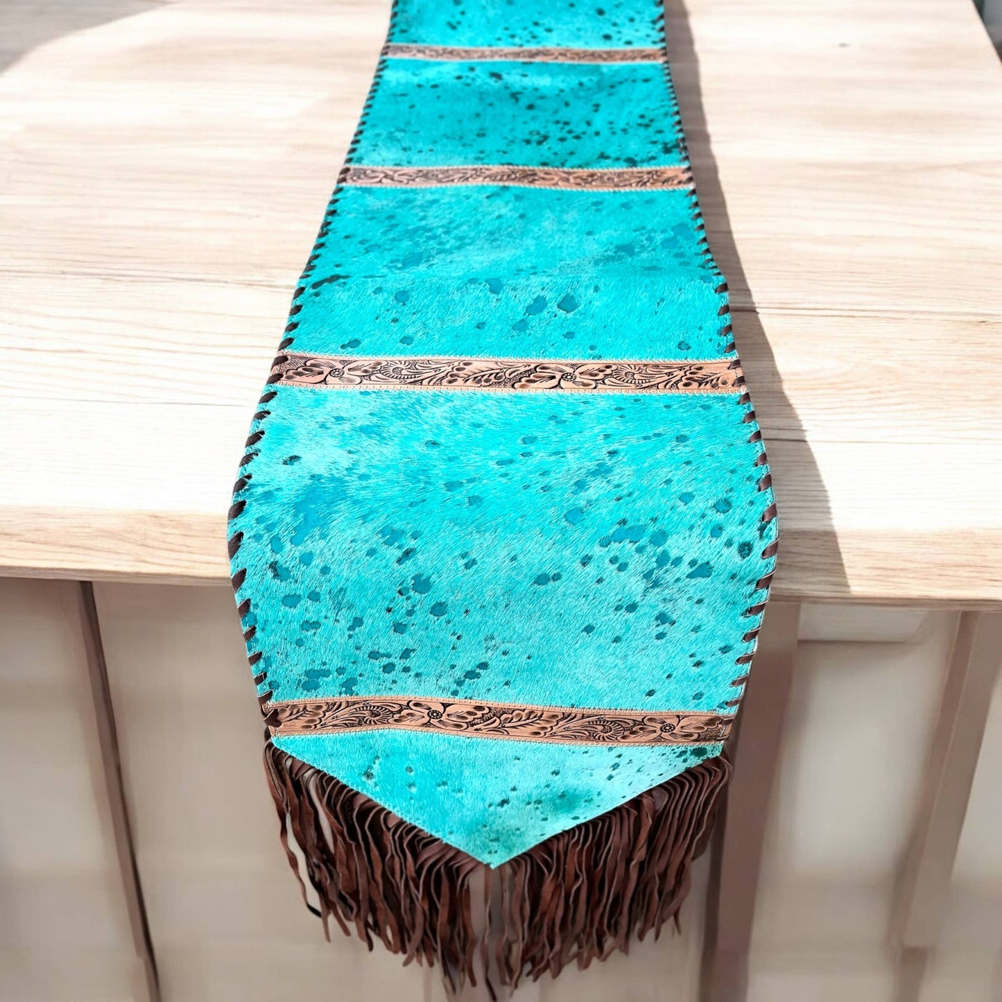 6ft turquoise acid wash cowhide Table Runner 