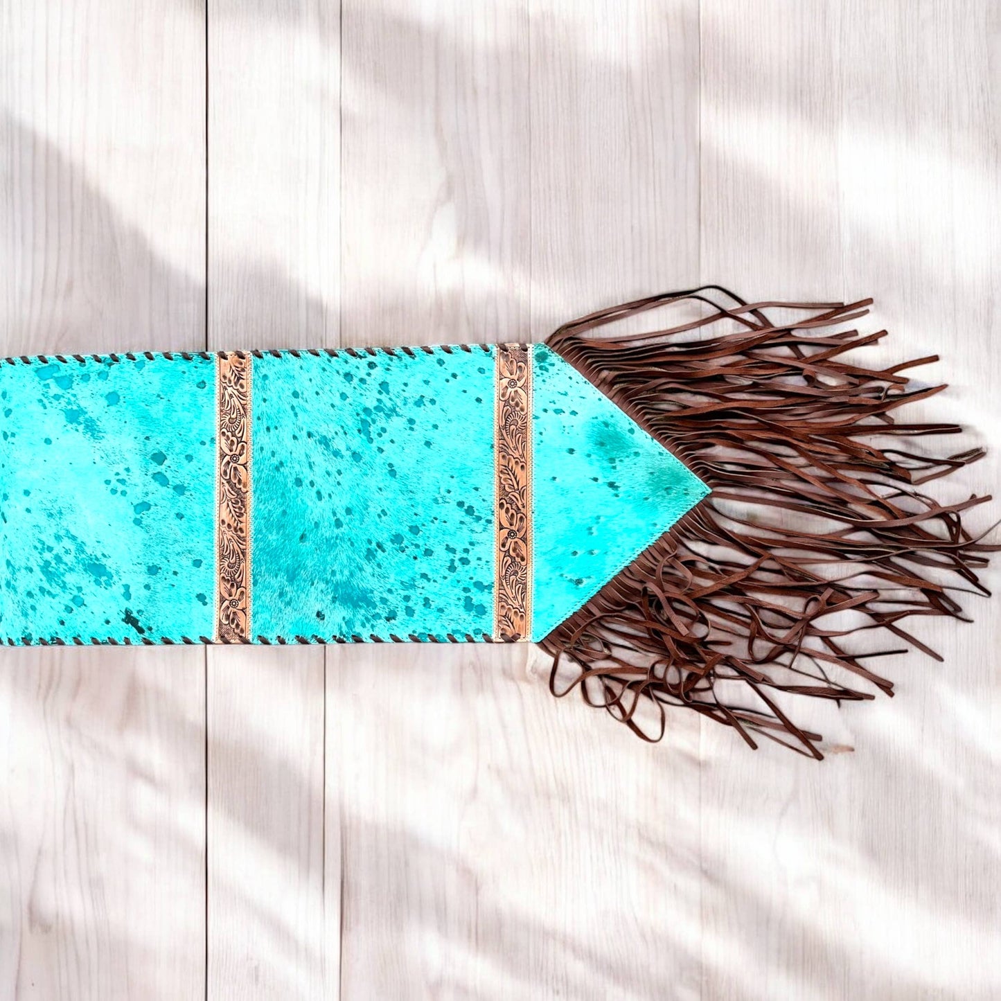 6ft turquoise acid wash cowhide Table Runner 