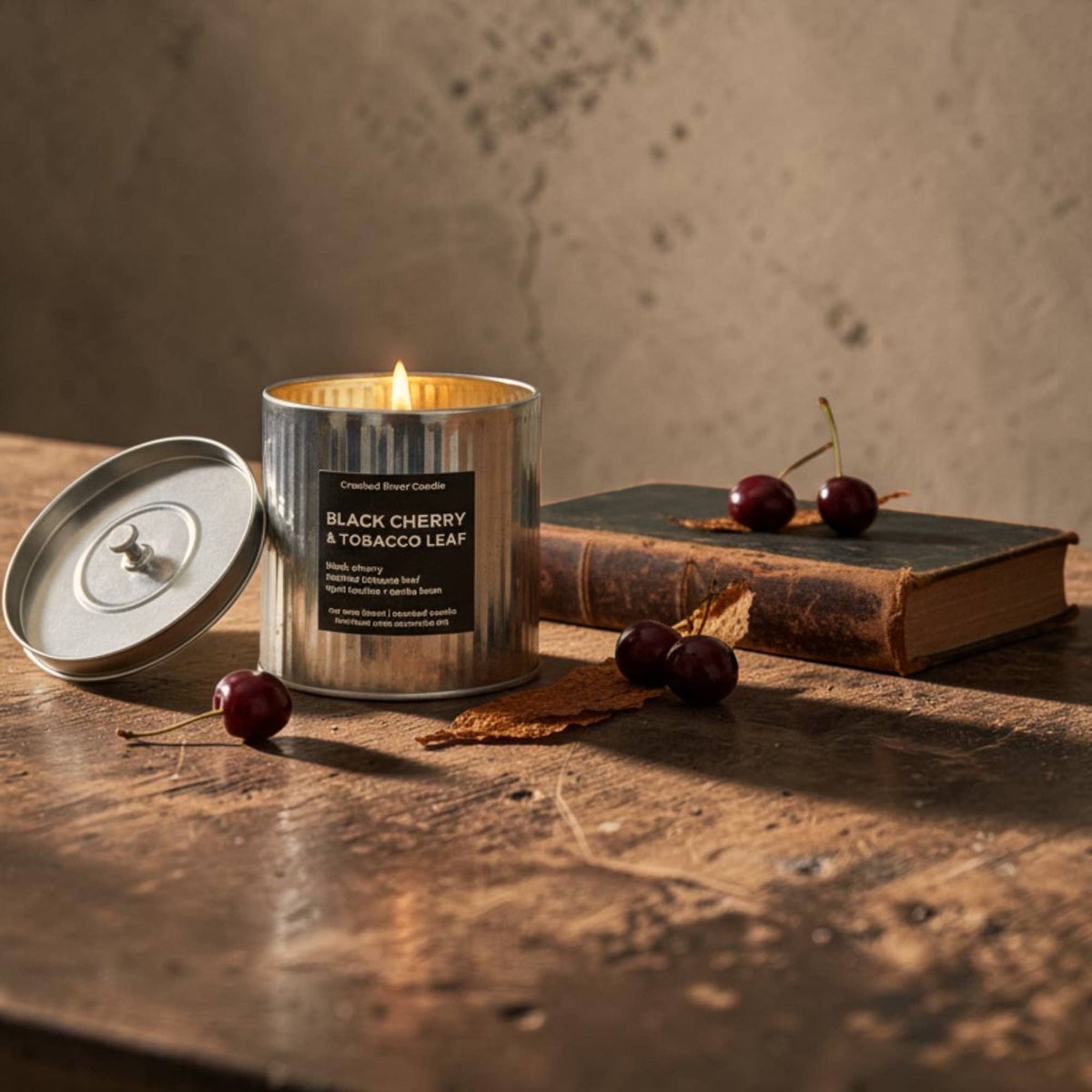 Black Cherry & Tobacco Leaf Candle | Rustic Tin | Wood Wick