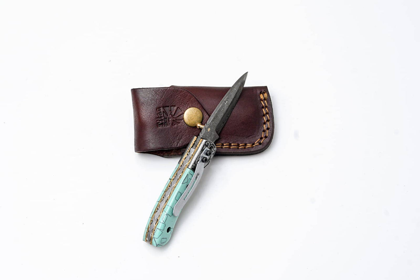 Turquoise Damascus Folding Knife – Hand Engraved Bolster Edition