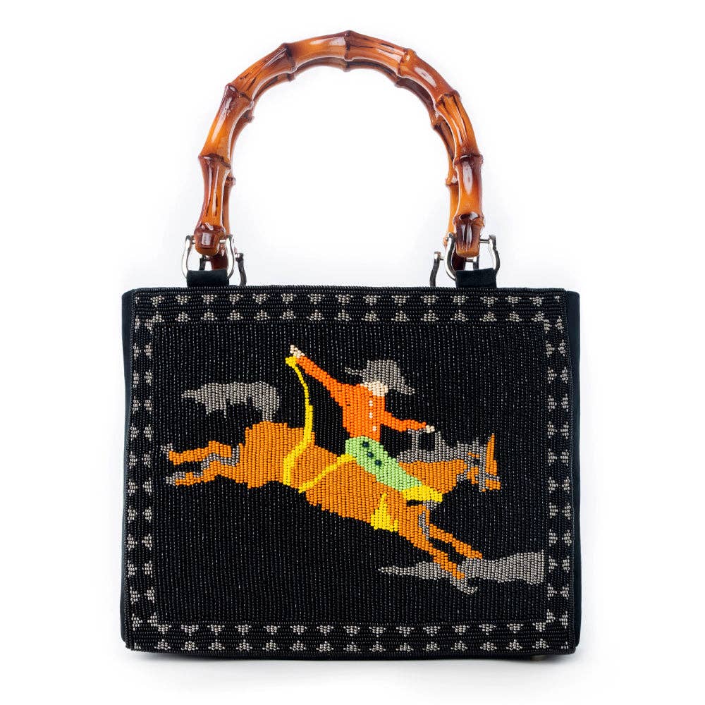 Eight Seconds Western hand beaded bag in black with bamboo handle and horse embroidery