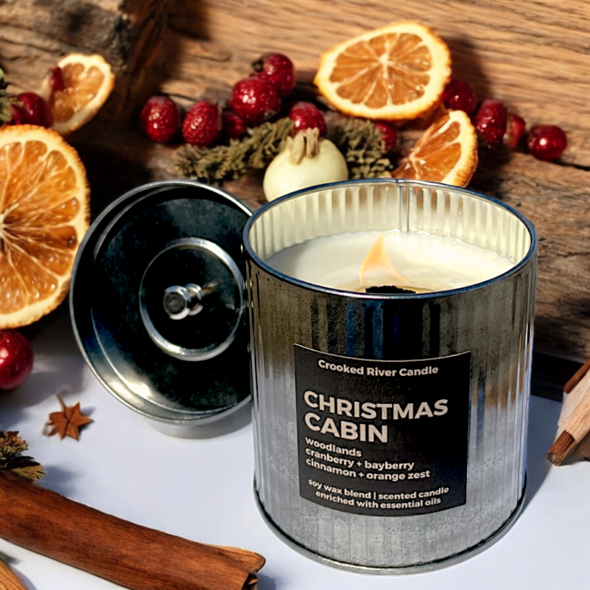 Christmas Cabin-Holiday Candle-Rustic Tin with Lid-Wood Wick