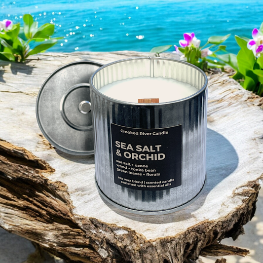 Sea Salt & Orchid Candle | Rustic Tin | Wood Wick | Relaxing