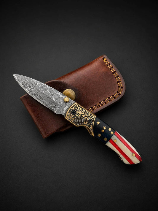 Premium Damascus Steel Folding Pocket Knife – Patriotic Edition with Leather Sheath TF-102